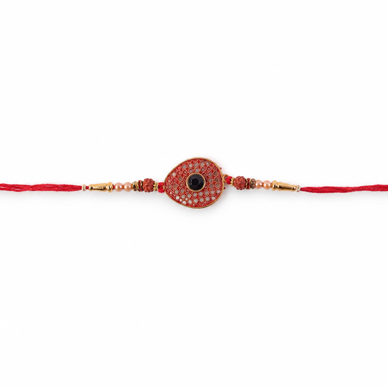 Red Meenakari Oval Disc Rakhi with Rudraksha & Pearls