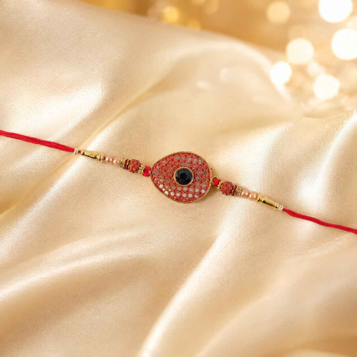 Red Meenakari Oval Disc Rakhi with Rudraksha & Pearls