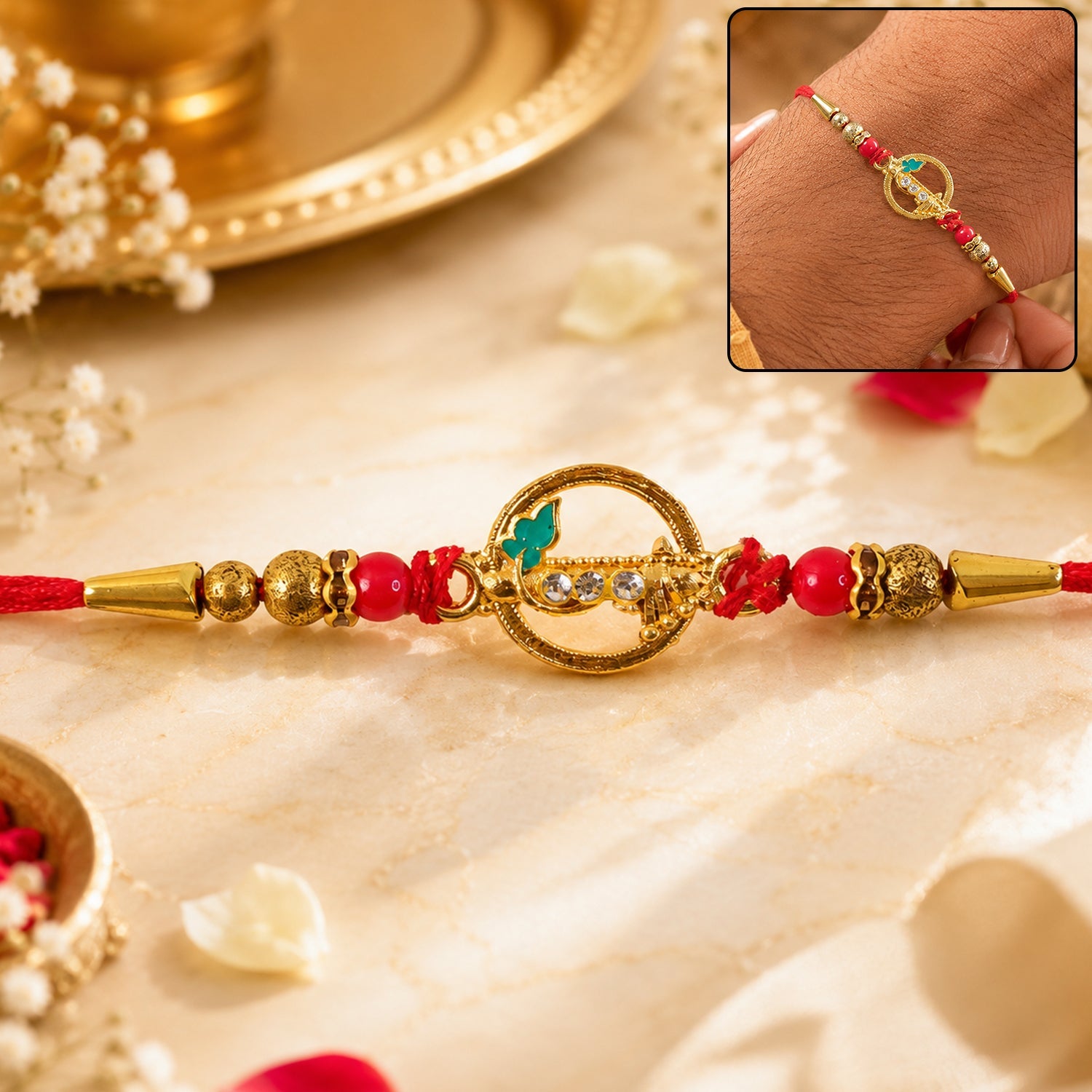 Golden Peacock Ring Rakhi with Kundan & Red Beads