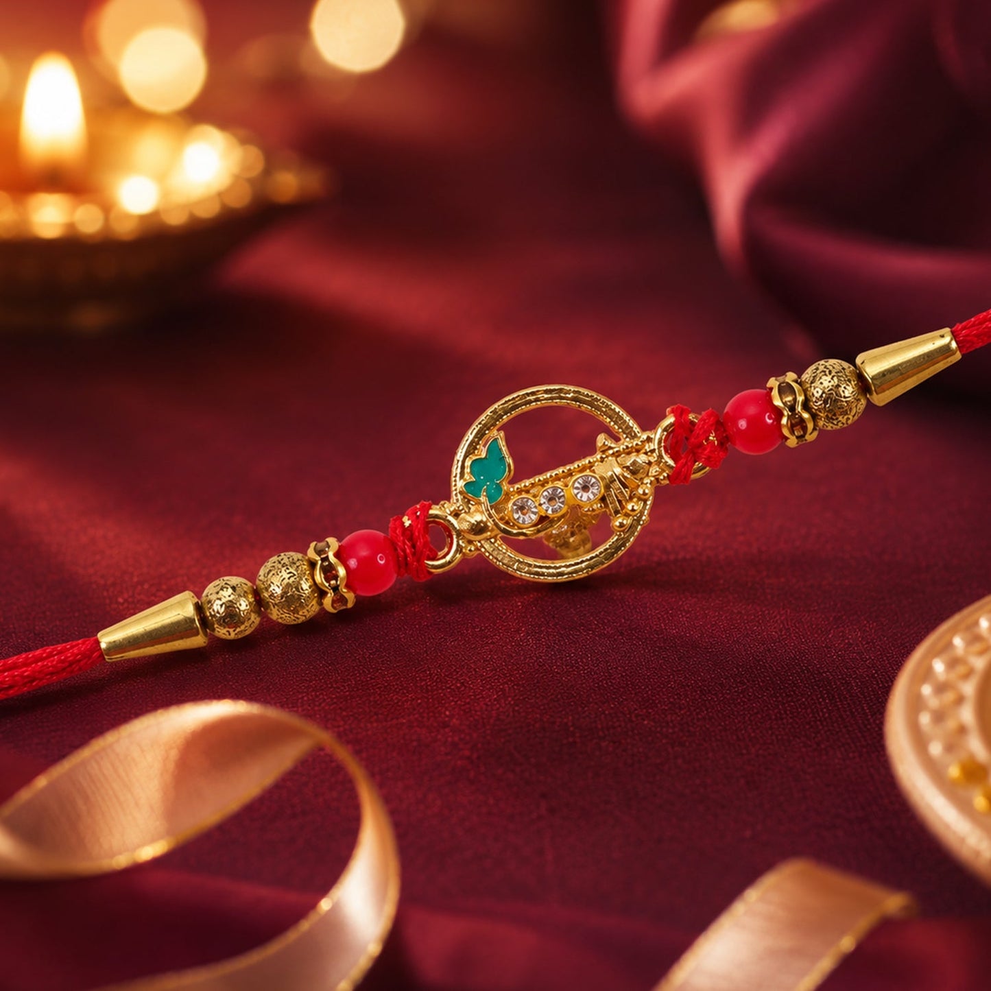 Golden Peacock Ring Rakhi with Kundan & Red Beads