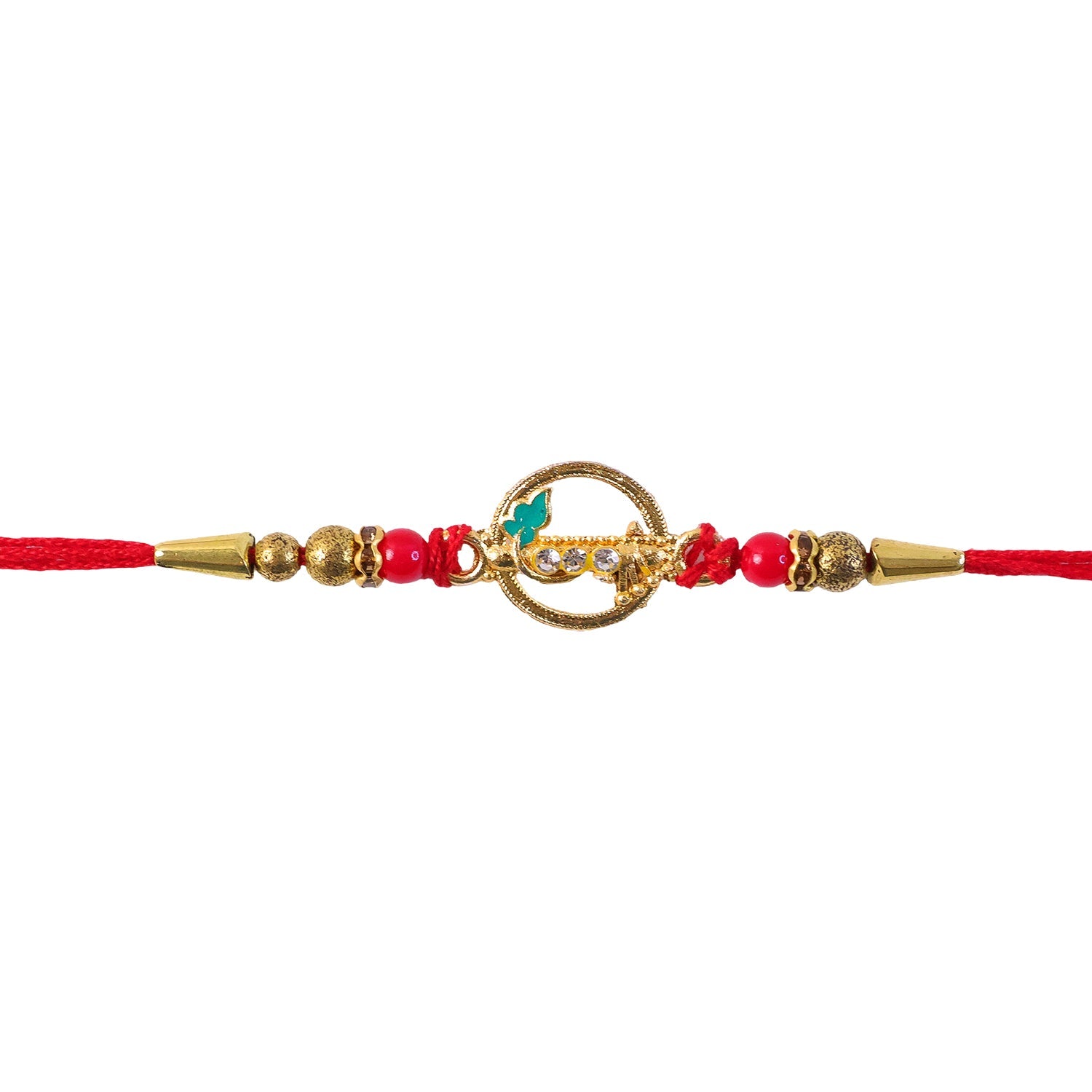 Golden Peacock Ring Rakhi with Kundan & Red Beads