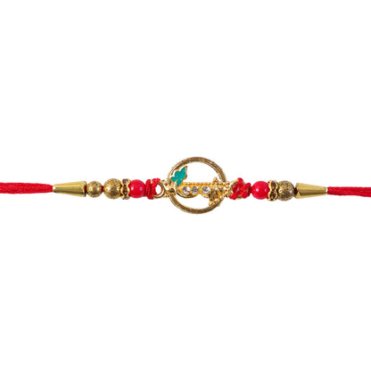 Golden Peacock Ring Rakhi with Kundan & Red Beads