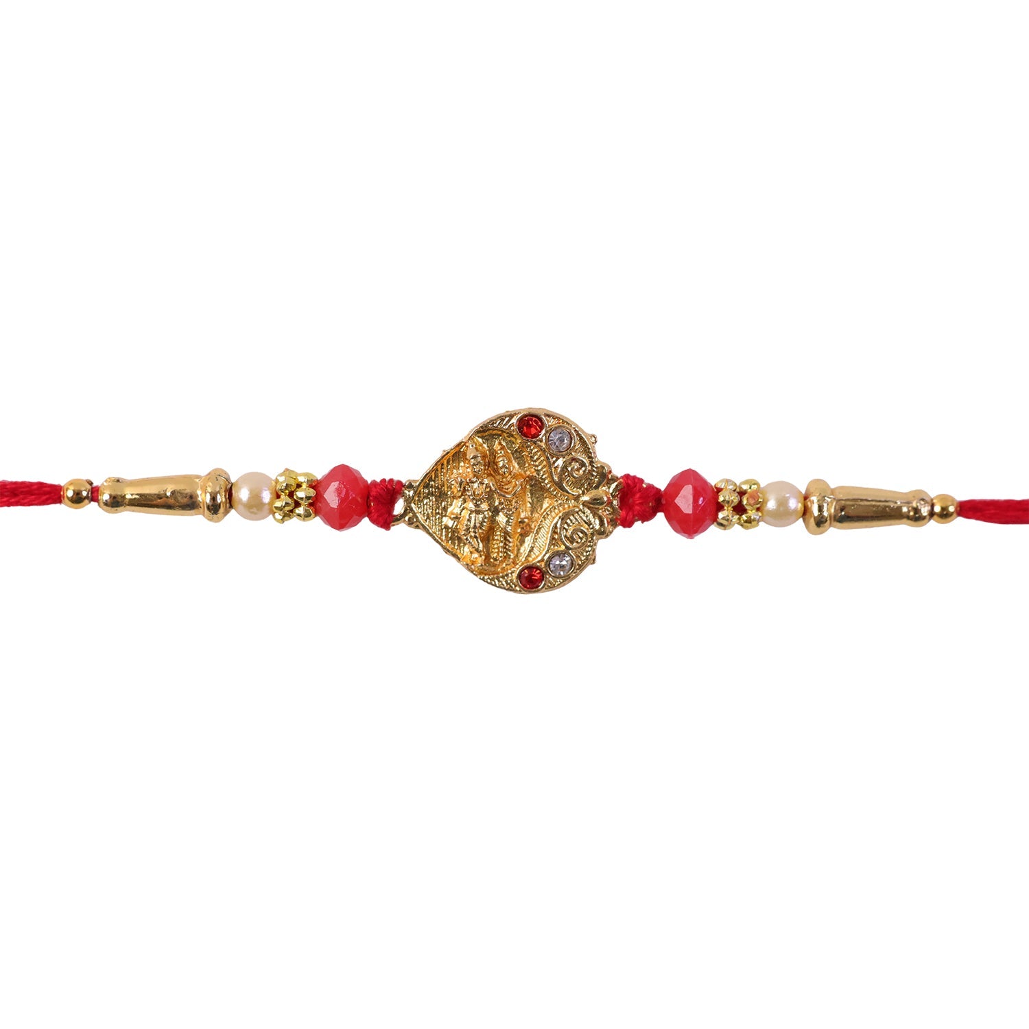 Golden Ganesha Oval Rakhi with Red Crystal Beads