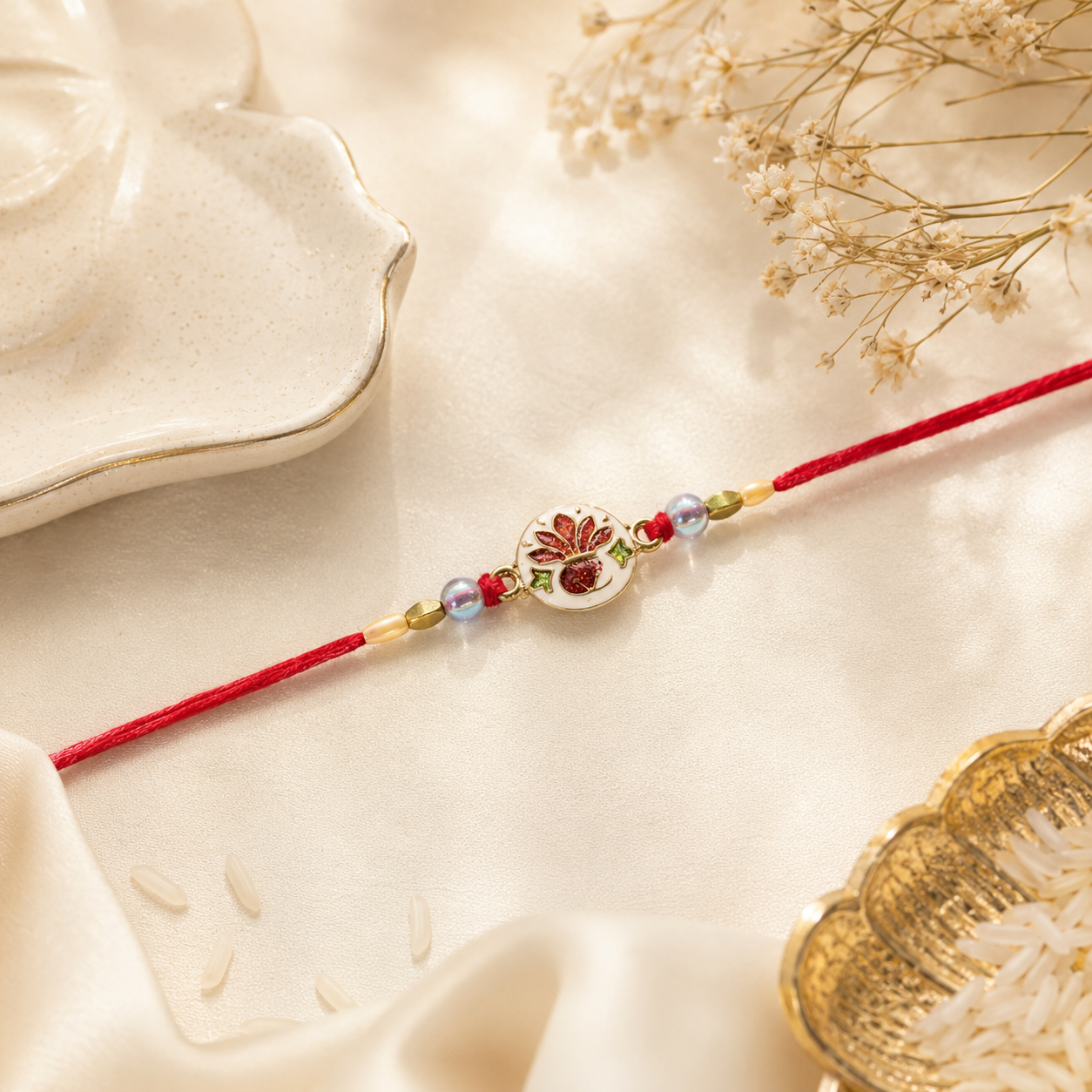 Hand-Painted Ceramic Floral Rakhi with Red Beads