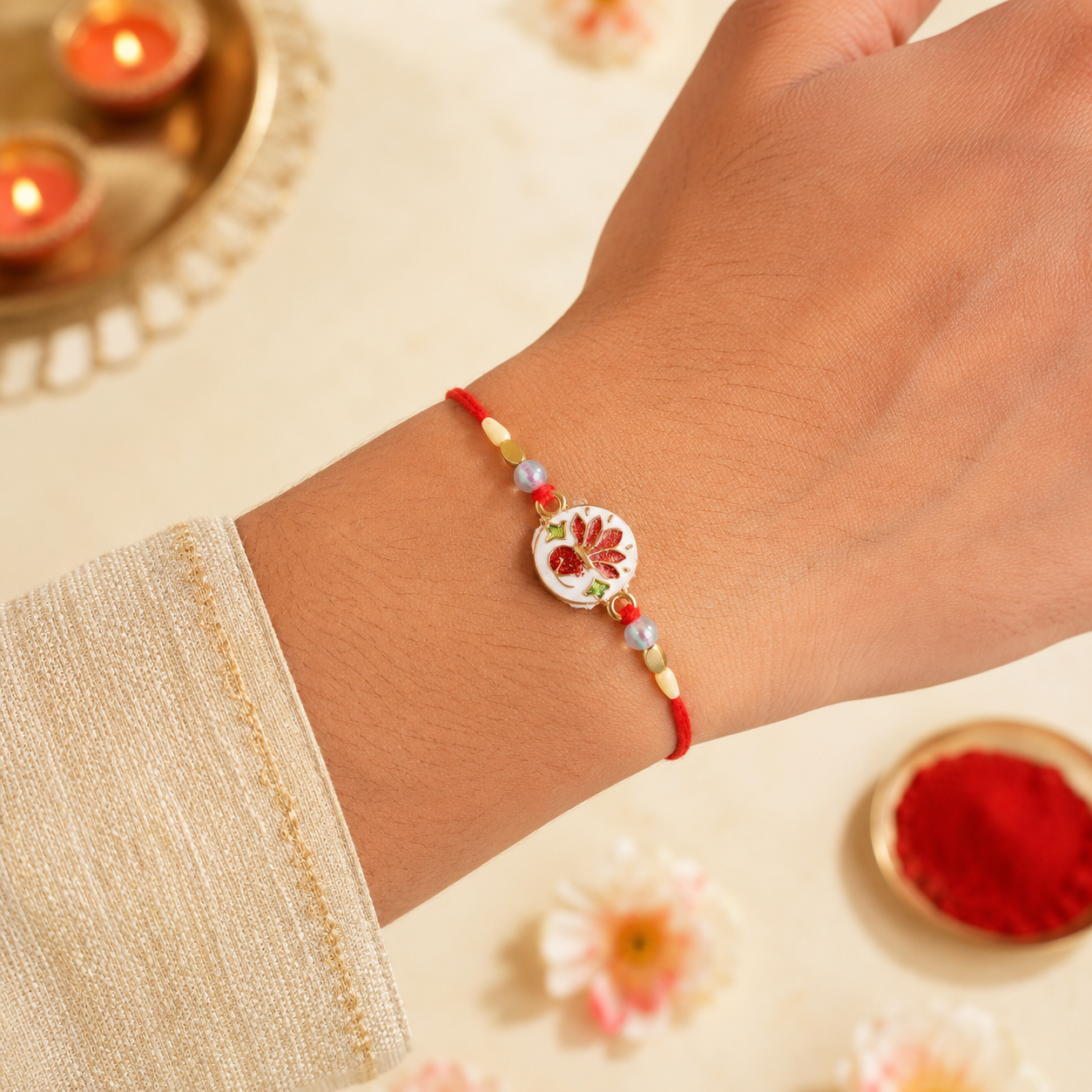 Hand-Painted Ceramic Floral Rakhi with Red Beads