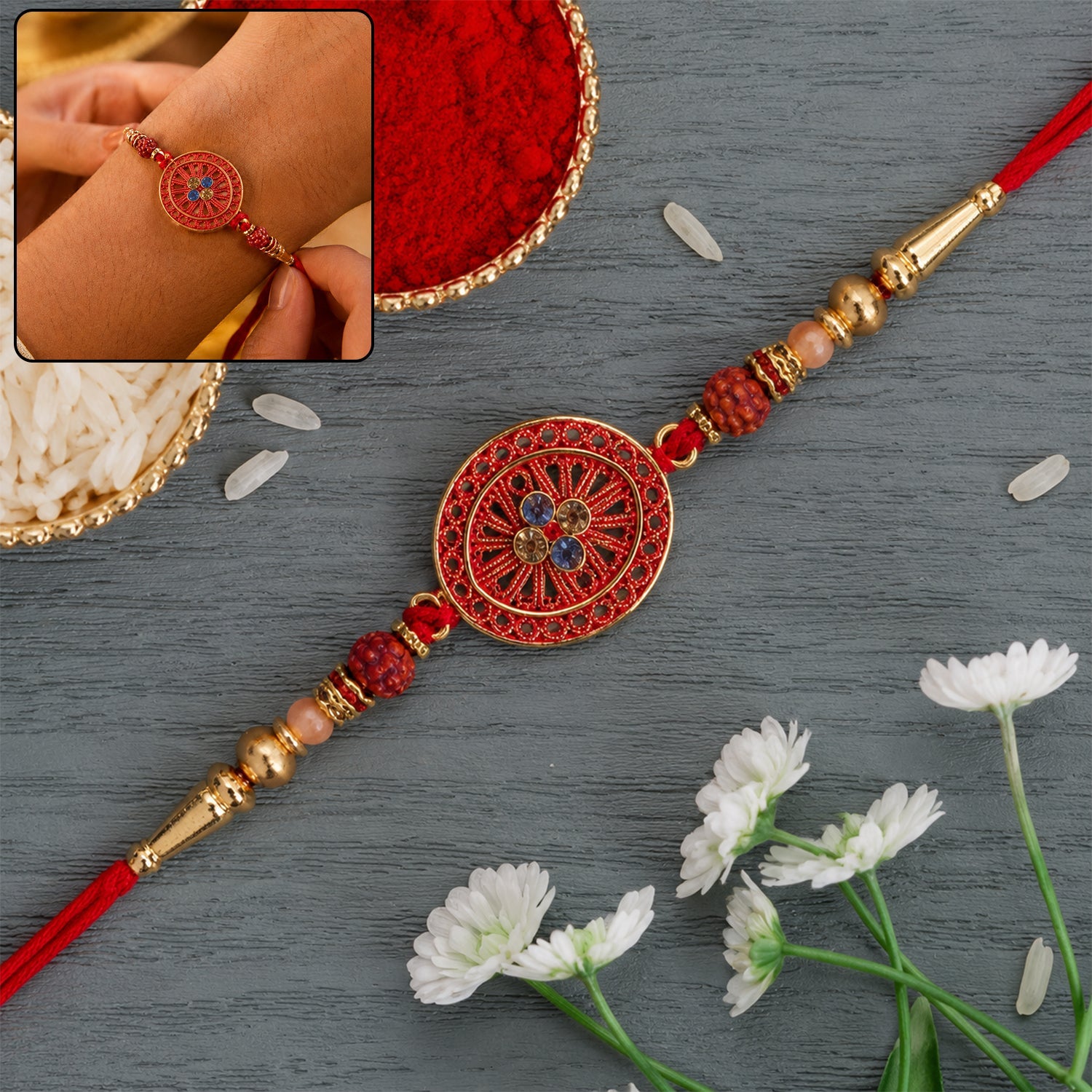 Red Meenakari Mandala Rakhi with Rudraksha Beads