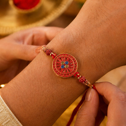 Red Meenakari Mandala Rakhi with Rudraksha Beads
