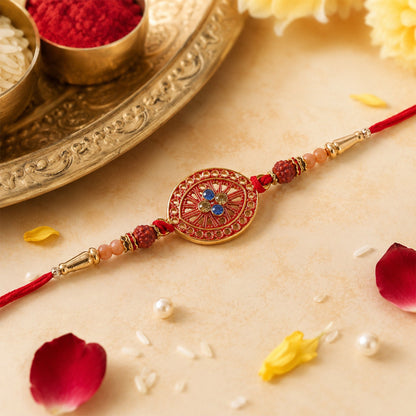 Red Meenakari Mandala Rakhi with Rudraksha Beads