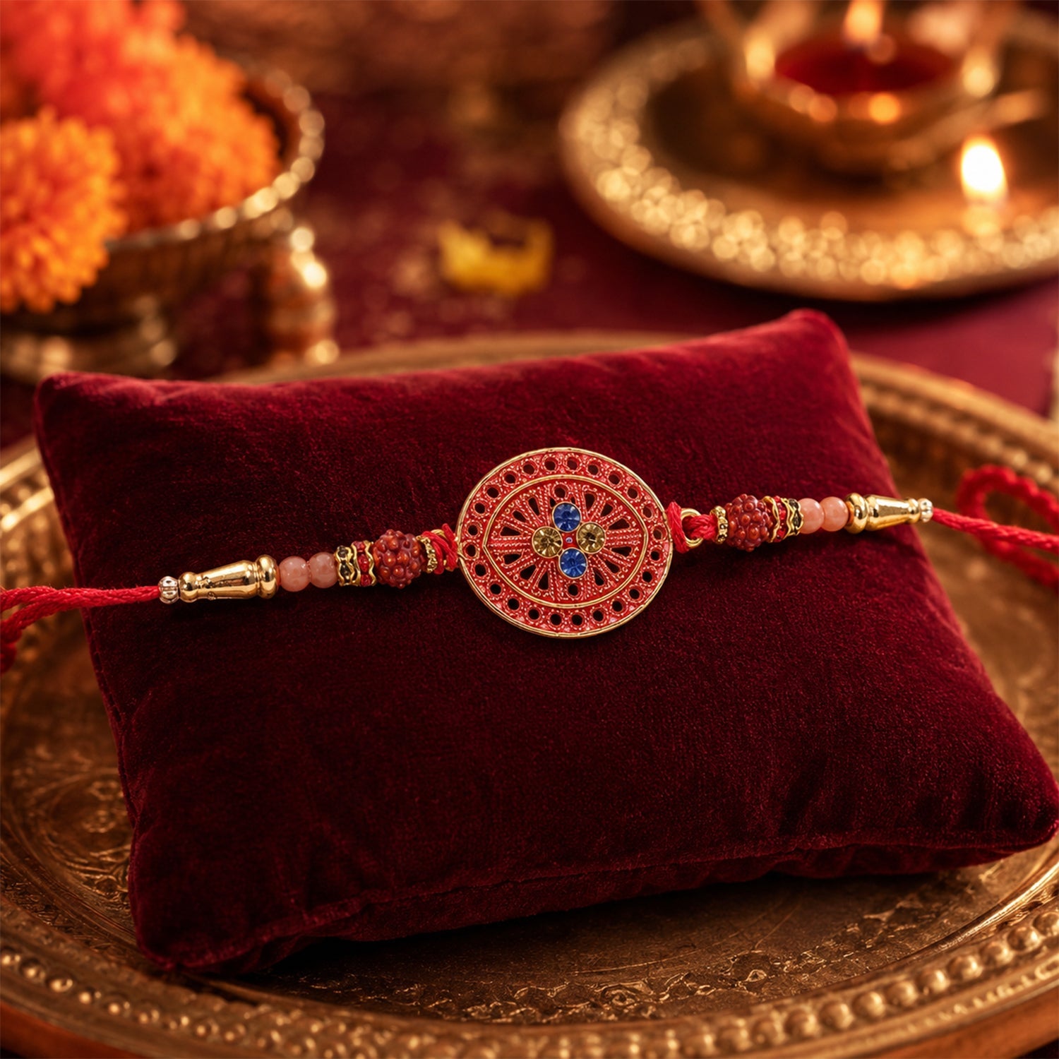Red Meenakari Mandala Rakhi with Rudraksha Beads