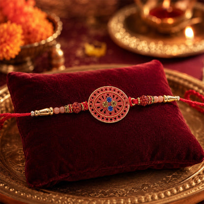 Red Meenakari Mandala Rakhi with Rudraksha Beads