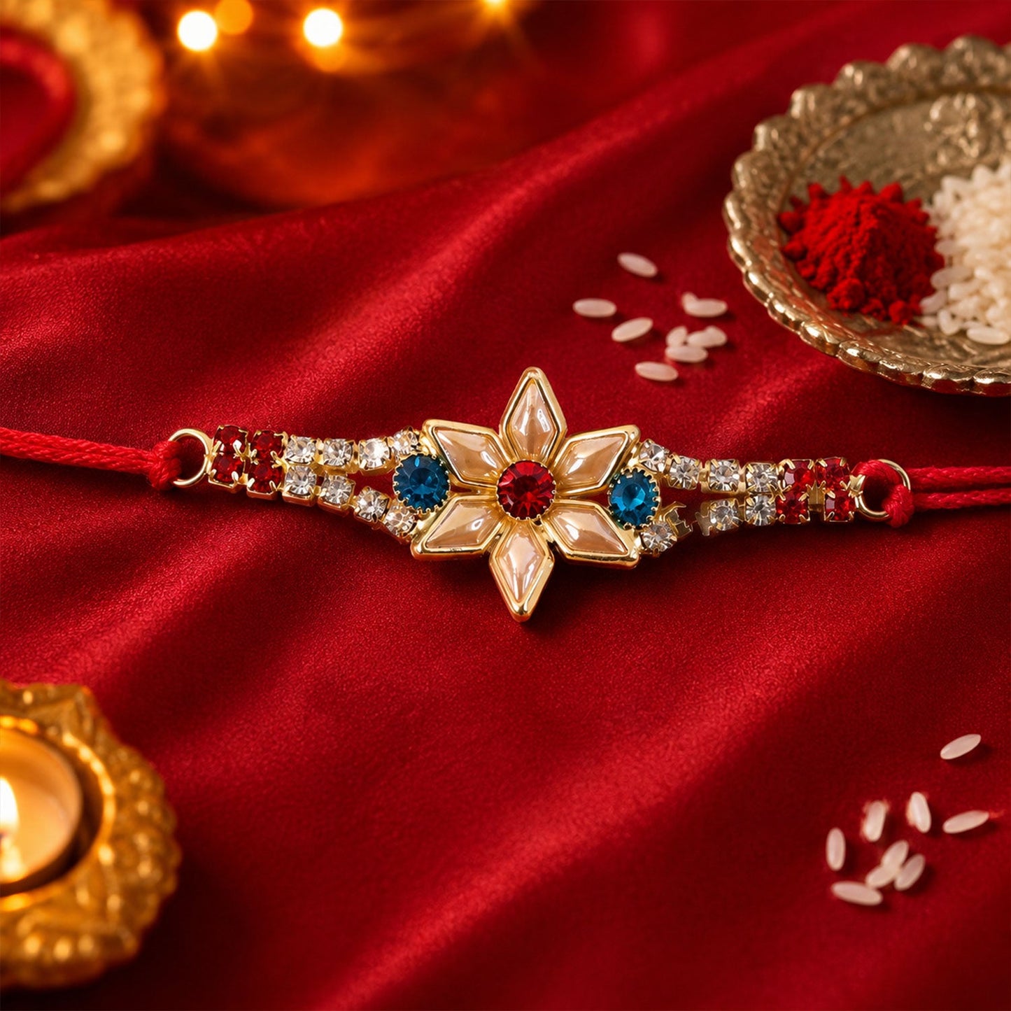 Star-Shaped Kundan Rakhi with Pearls & Red Stone