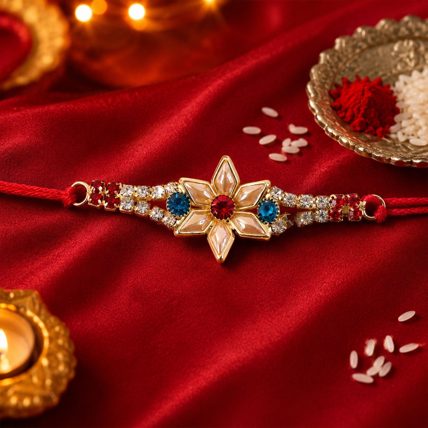 Star-Shaped Kundan Rakhi with Pearls & Red Stone