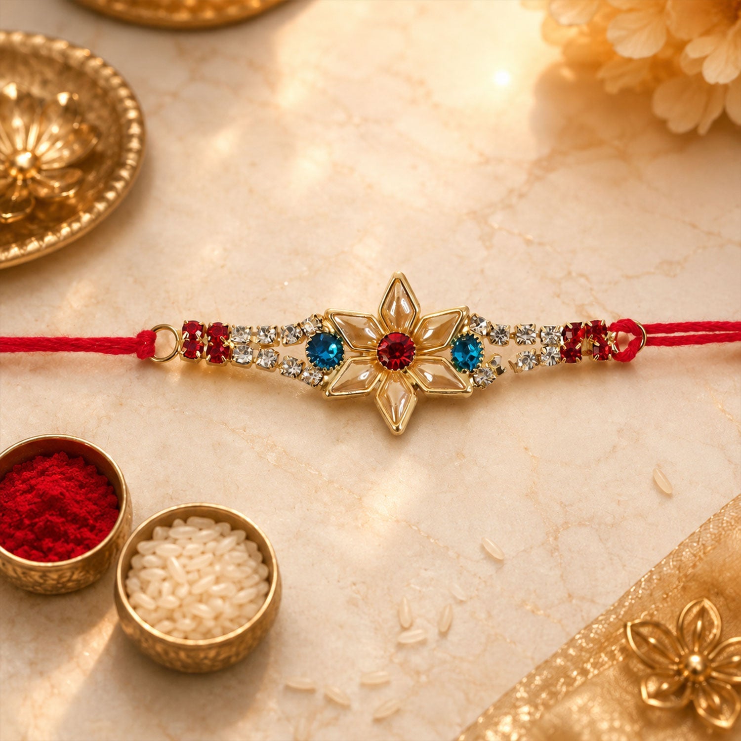 Star-Shaped Kundan Rakhi with Pearls & Red Stone
