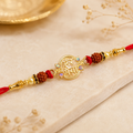 Rudraksha Rakhi – Golden Shiv Mantra Design for Brother's Blessings