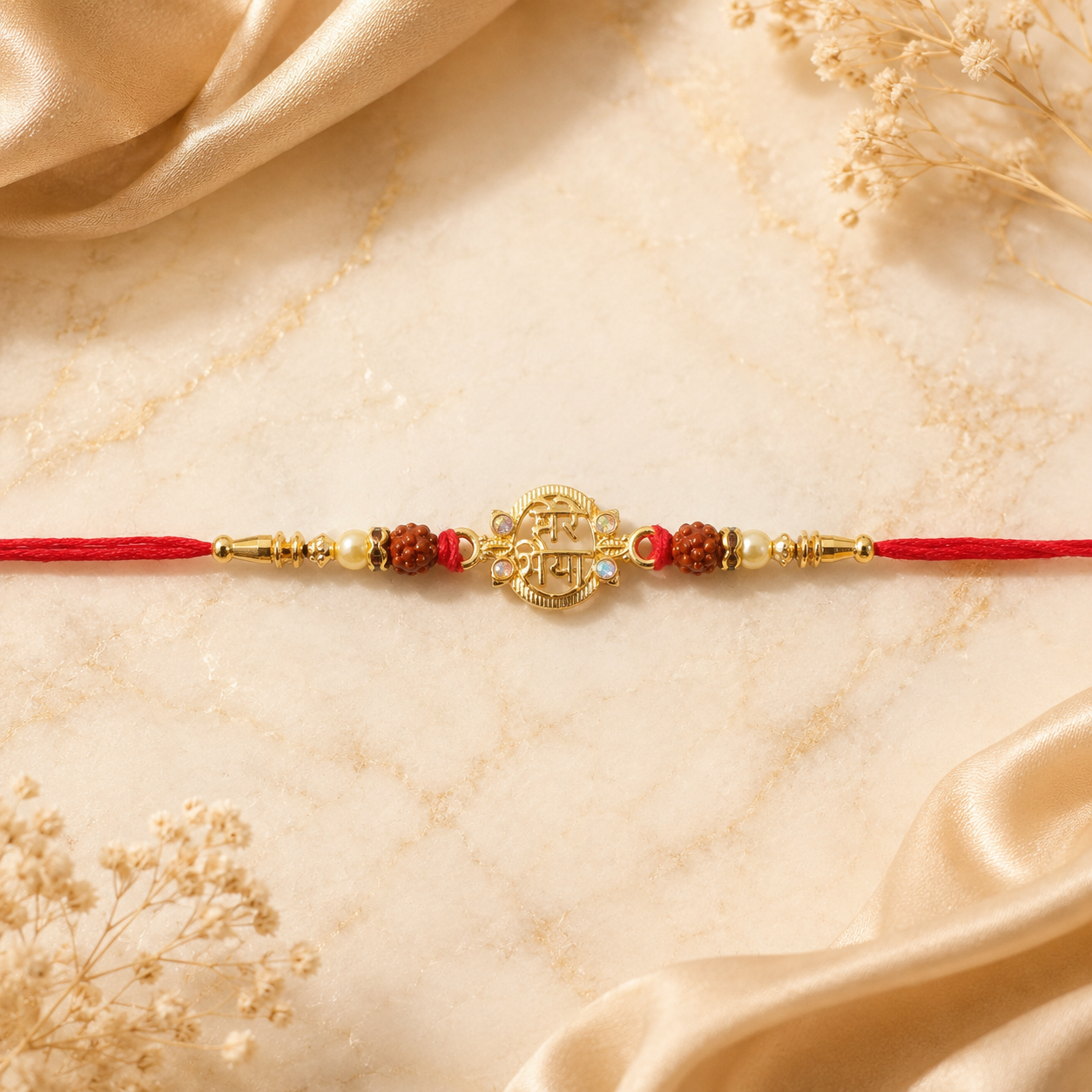 Golden Shiv Mantra Rakhi with Rudraksha Beads