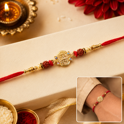 Golden Shiv Mantra Rakhi with Rudraksha Beads