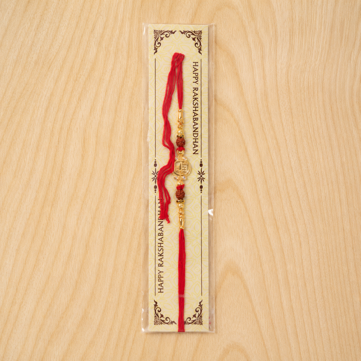Golden Shiv Mantra Rakhi with Rudraksha Beads