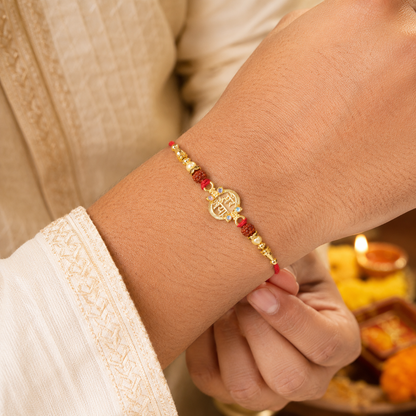 Golden Shiv Mantra Rakhi with Rudraksha Beads