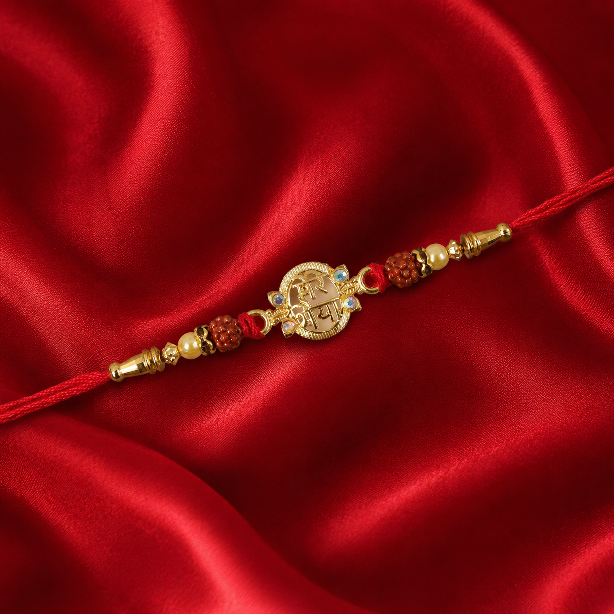 Golden Shiv Mantra Rakhi with Rudraksha Beads