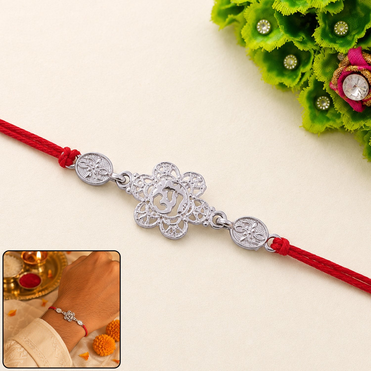Silver-Tone Floral Rakhi with Coin Accents