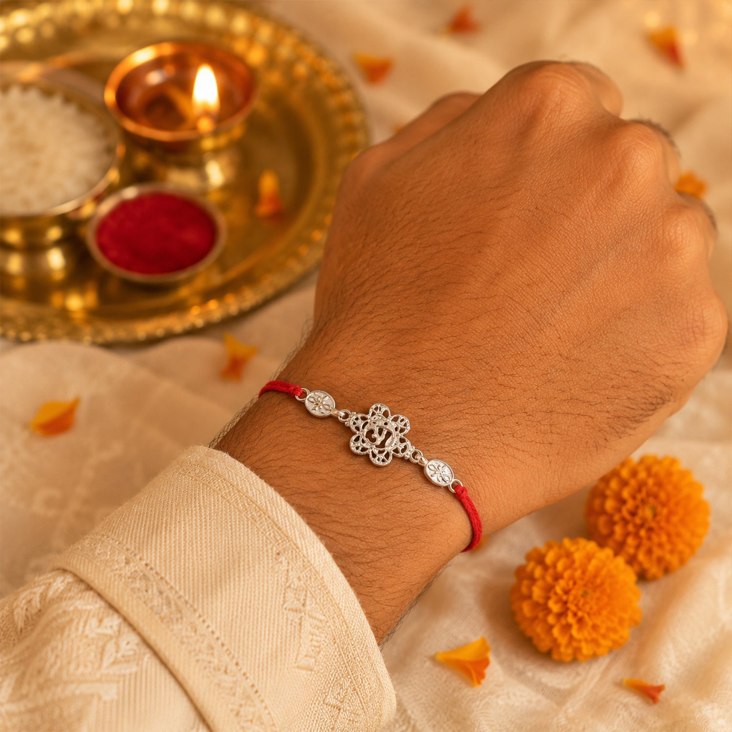Silver-Tone Floral Rakhi with Coin Accents