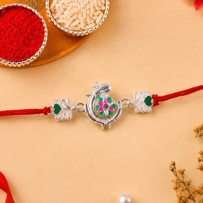 Silver Peacock Meenakari Rakhi with Green & Pink Enamel