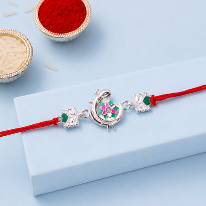 Silver Peacock Meenakari Rakhi with Green & Pink Enamel