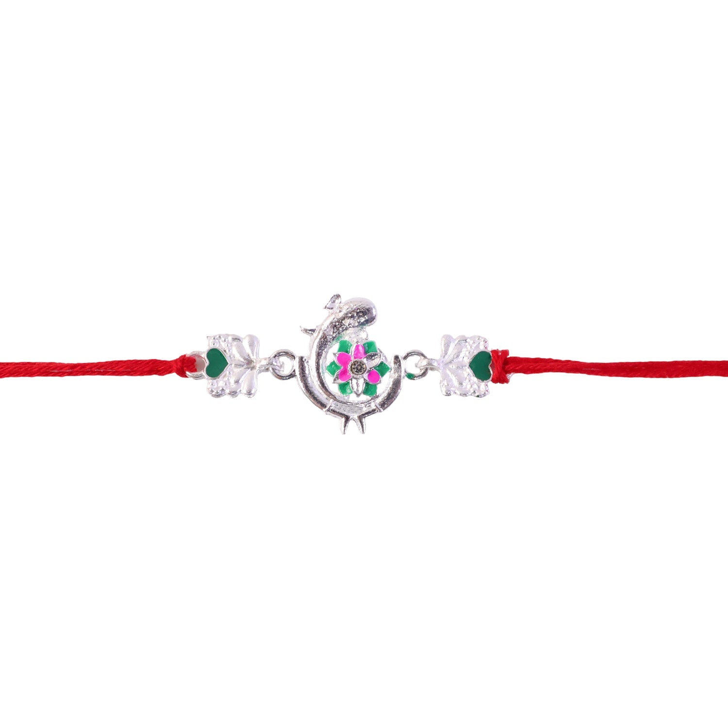 Silver Peacock Meenakari Rakhi with Green & Pink Enamel