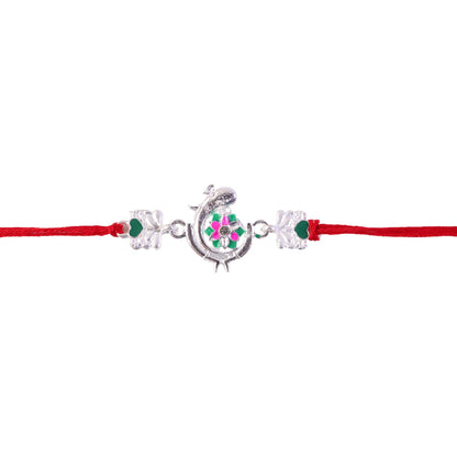 Silver Peacock Meenakari Rakhi with Green & Pink Enamel