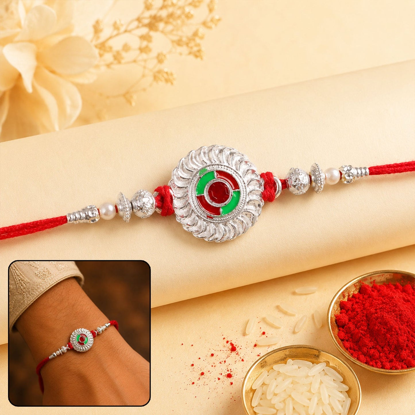 Silver Round Meenakari Rakhi with Pearls