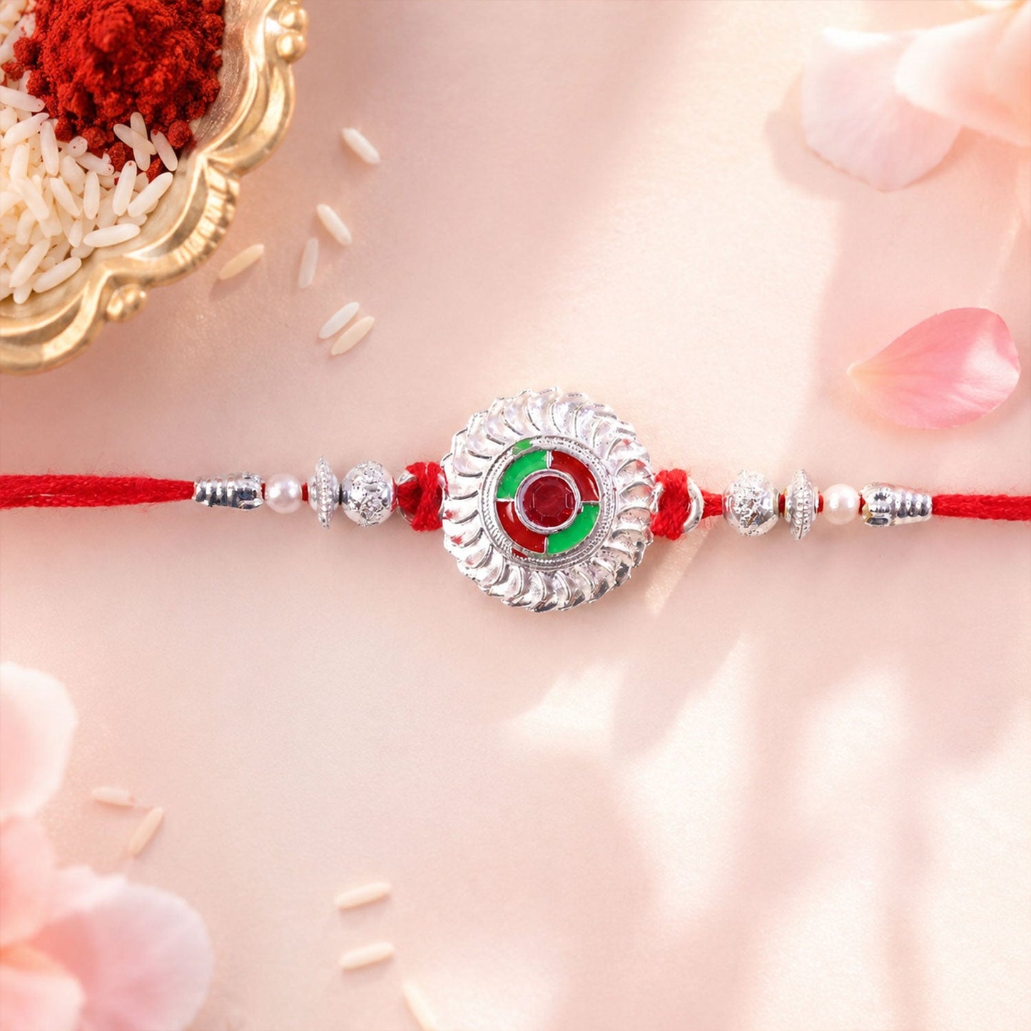 Silver Round Meenakari Rakhi with Pearls