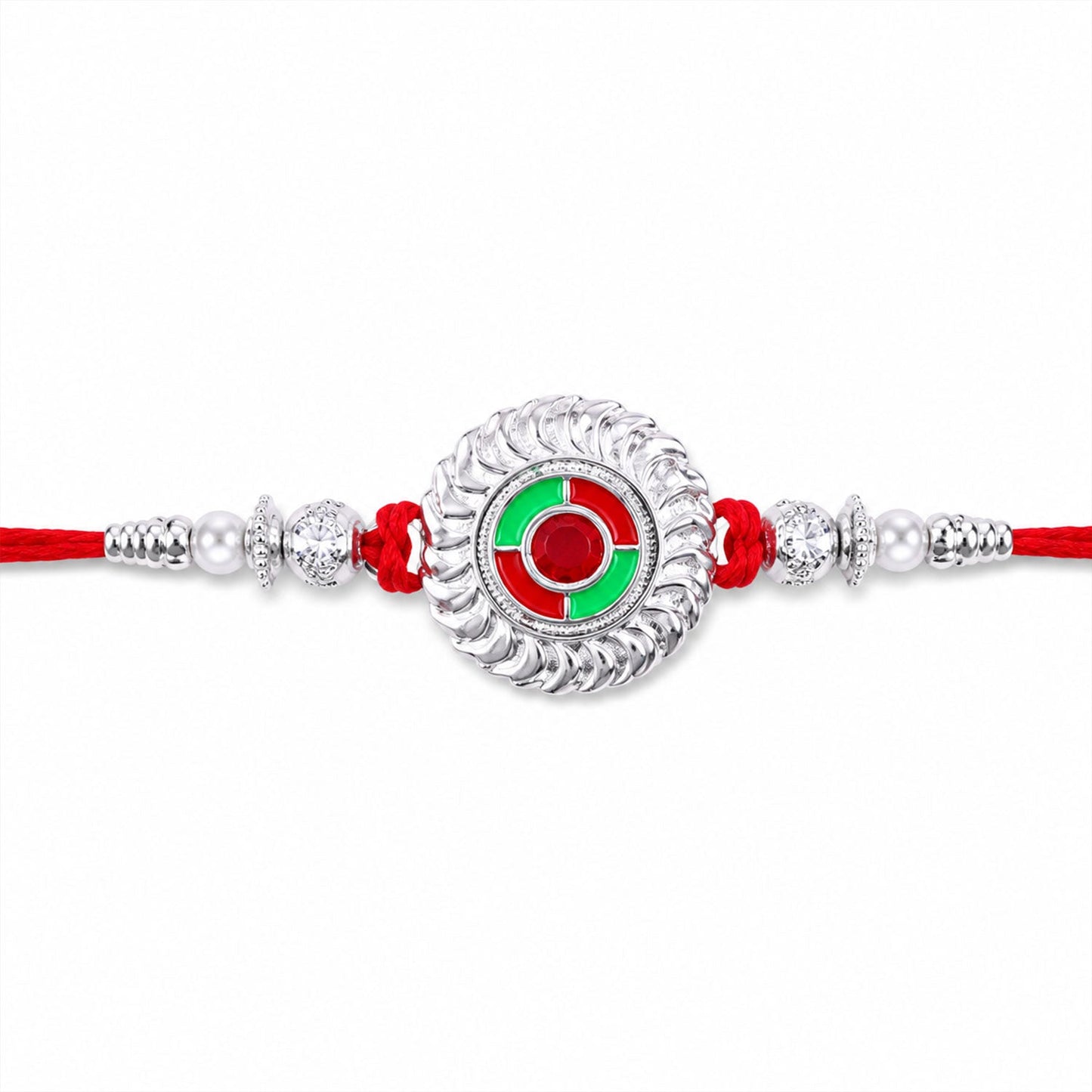 Silver Round Meenakari Rakhi with Pearls