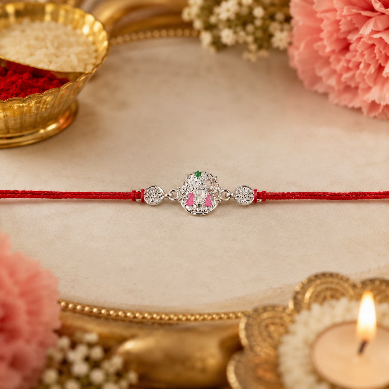 Silver Floral Meenakari Rakhi on Red Thread