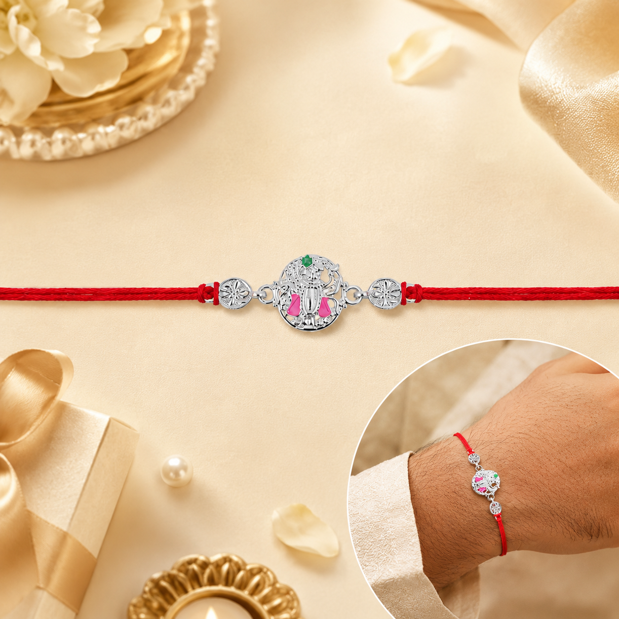 Silver Floral Meenakari Rakhi on Red Thread