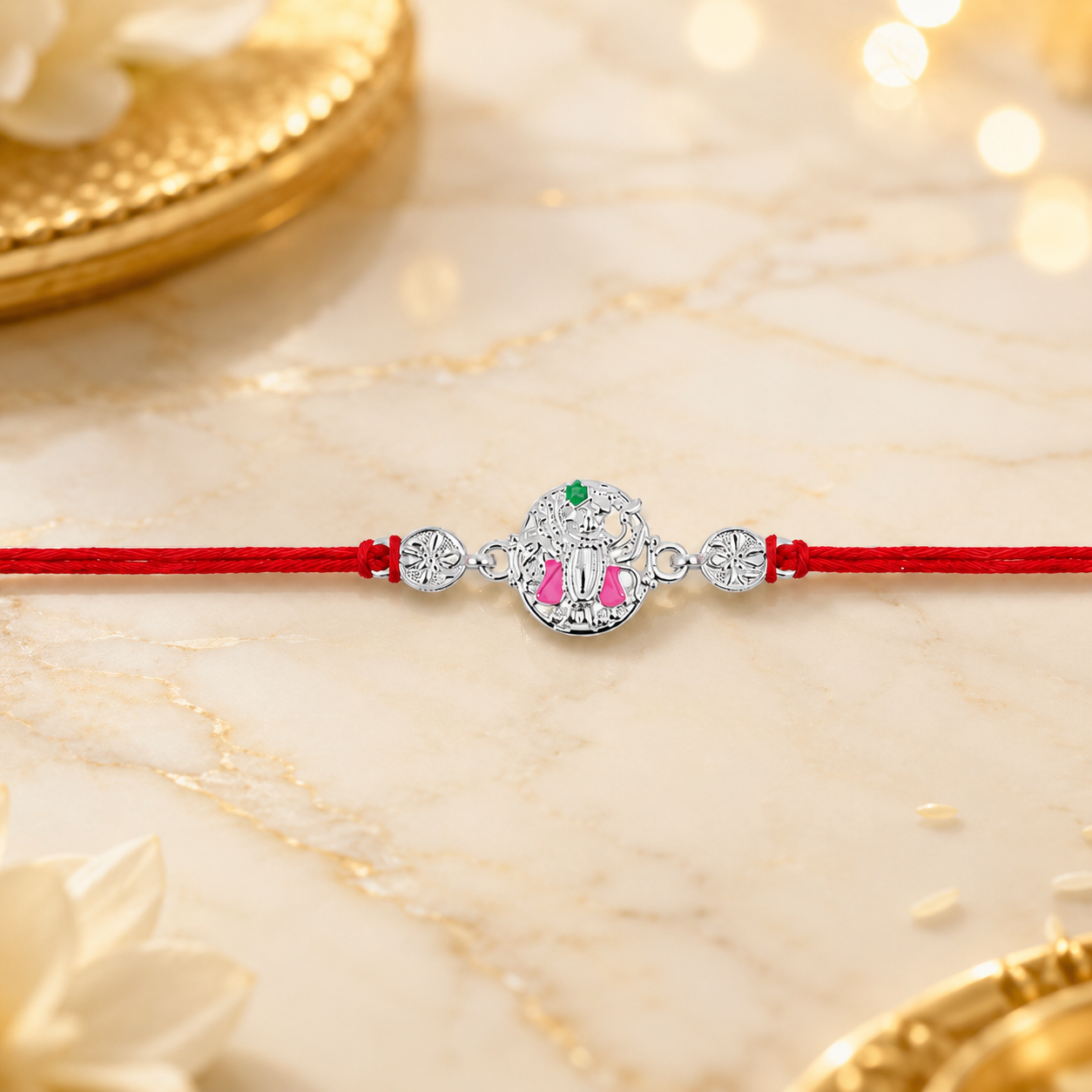Silver Floral Meenakari Rakhi on Red Thread