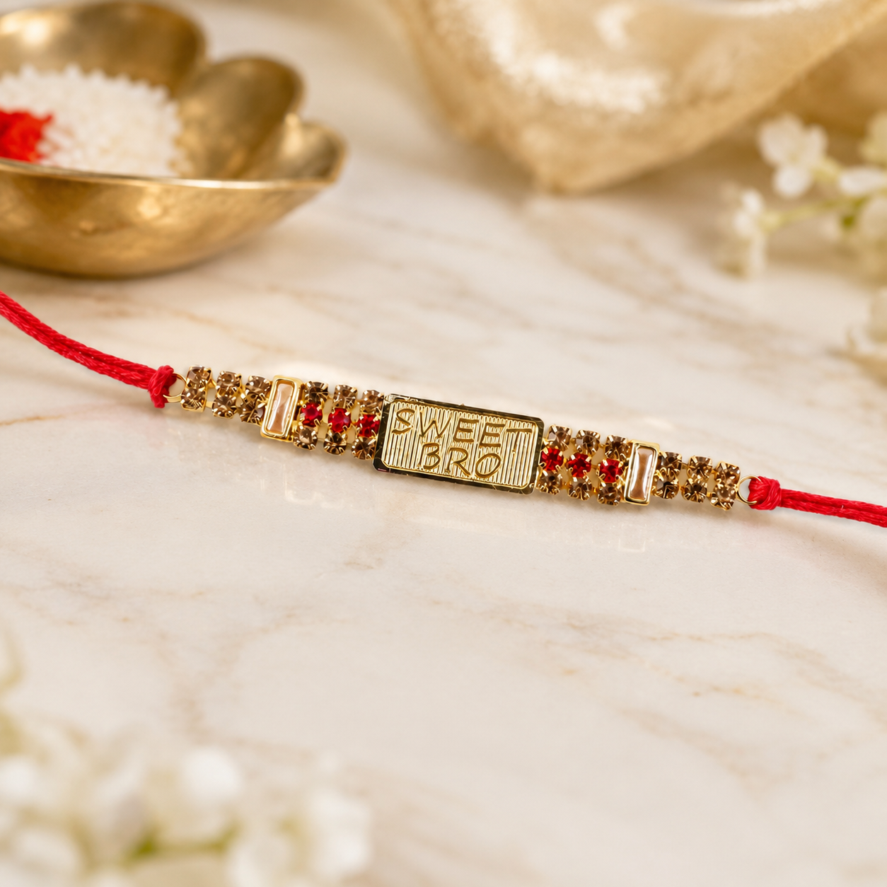 'Sweet Bro' Engraved Message Rakhi with Stones