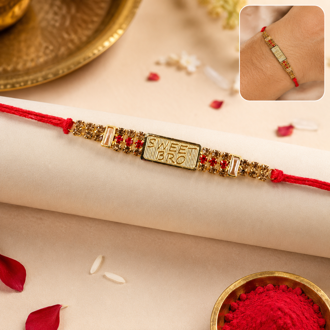 'Sweet Bro' Engraved Message Rakhi with Stones