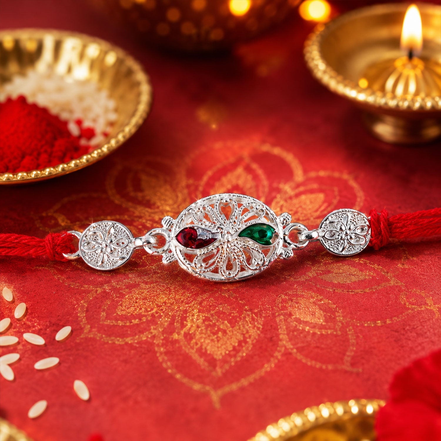 Silver Filigree Rakhi with Red & Green Teardrop Stones