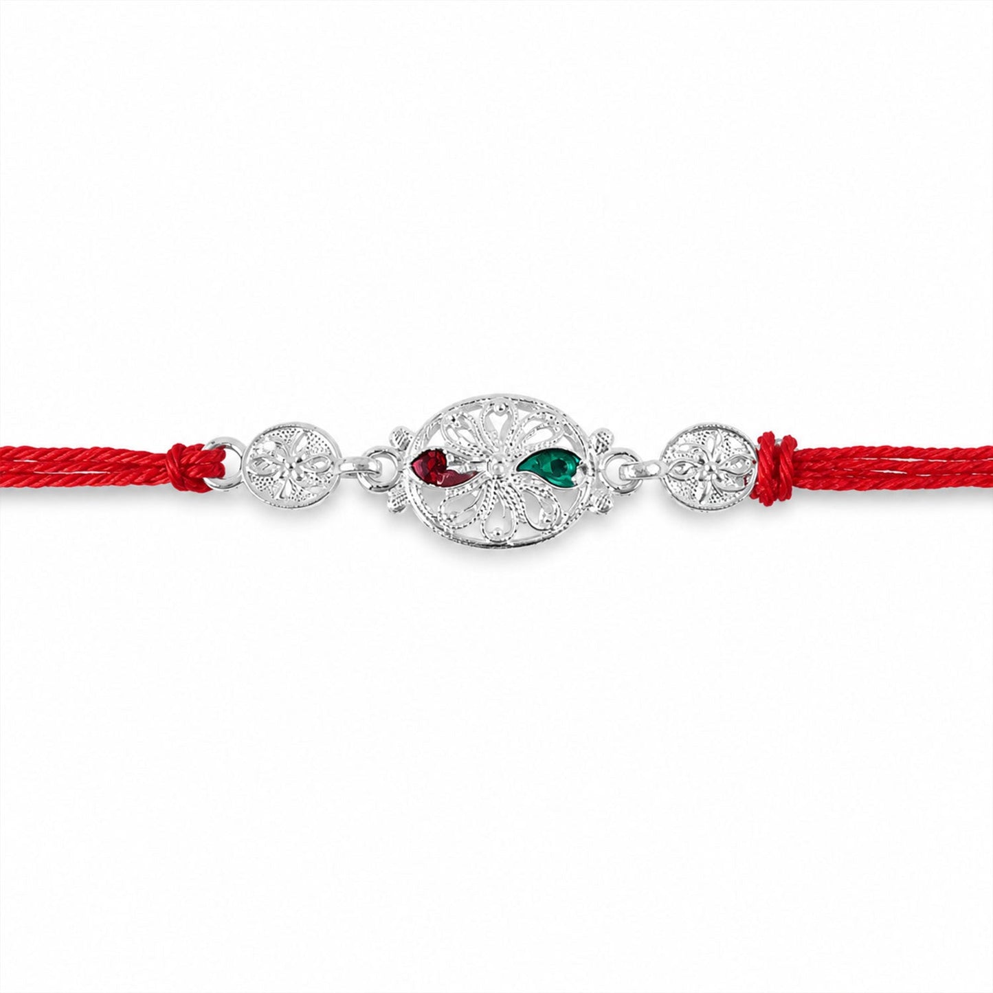 Silver Filigree Rakhi with Red & Green Teardrop Stones