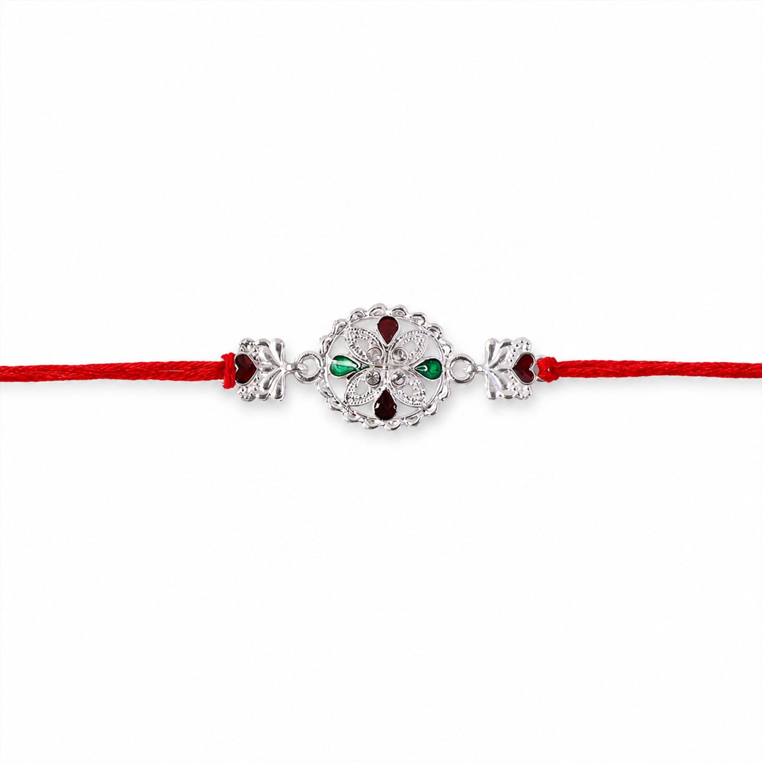 Silver Floral Rakhi with Red & Green Teardrop Stones