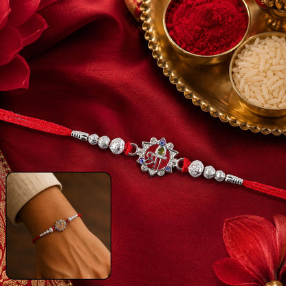 Silver Swastik Rakhi with Red Stones & Beads