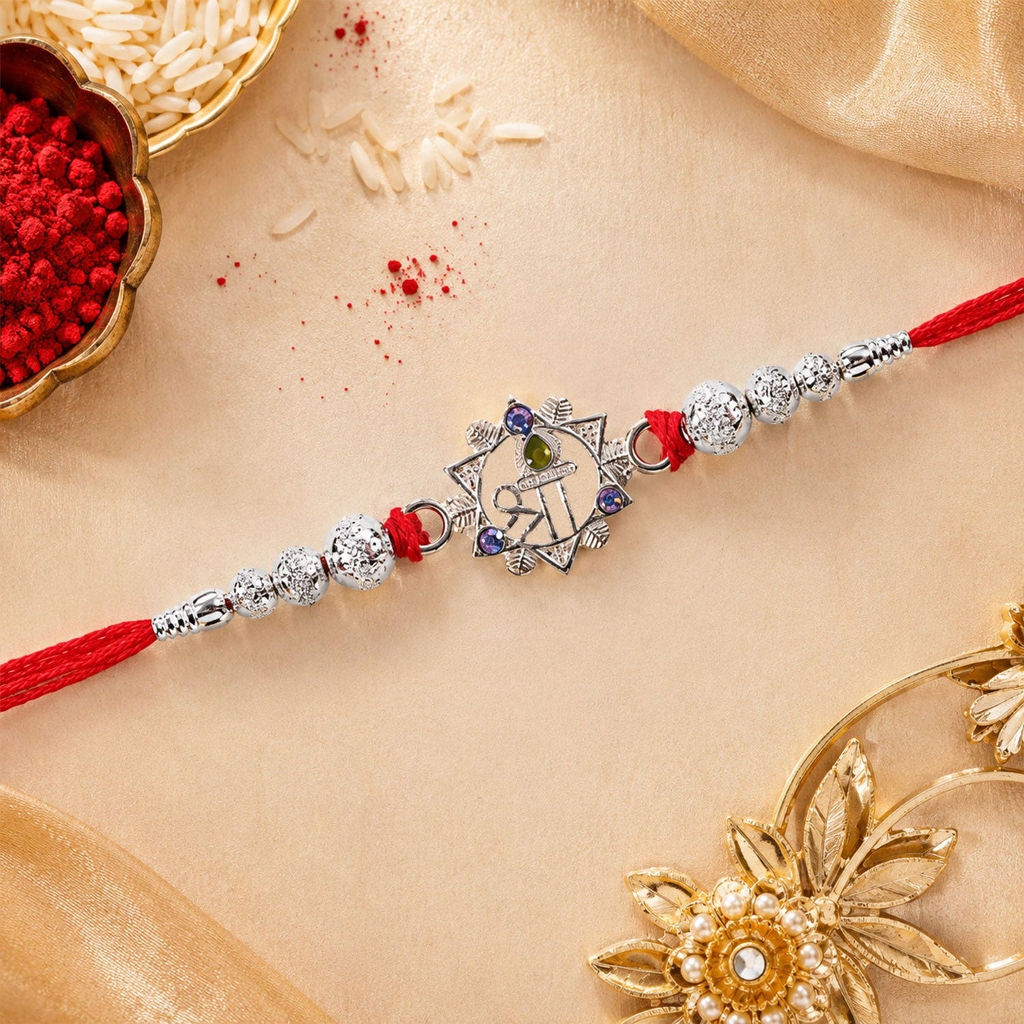 Silver Swastik Rakhi with Red Stones & Beads