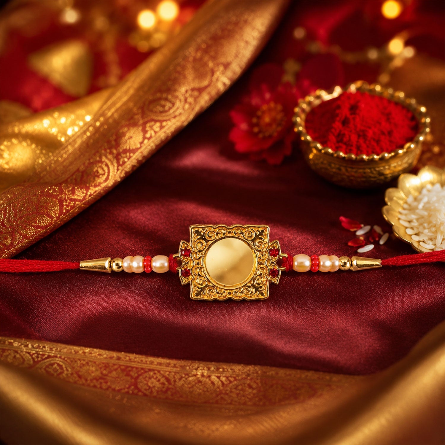 Golden Square Frame Rakhi with Pearls & Red Beads