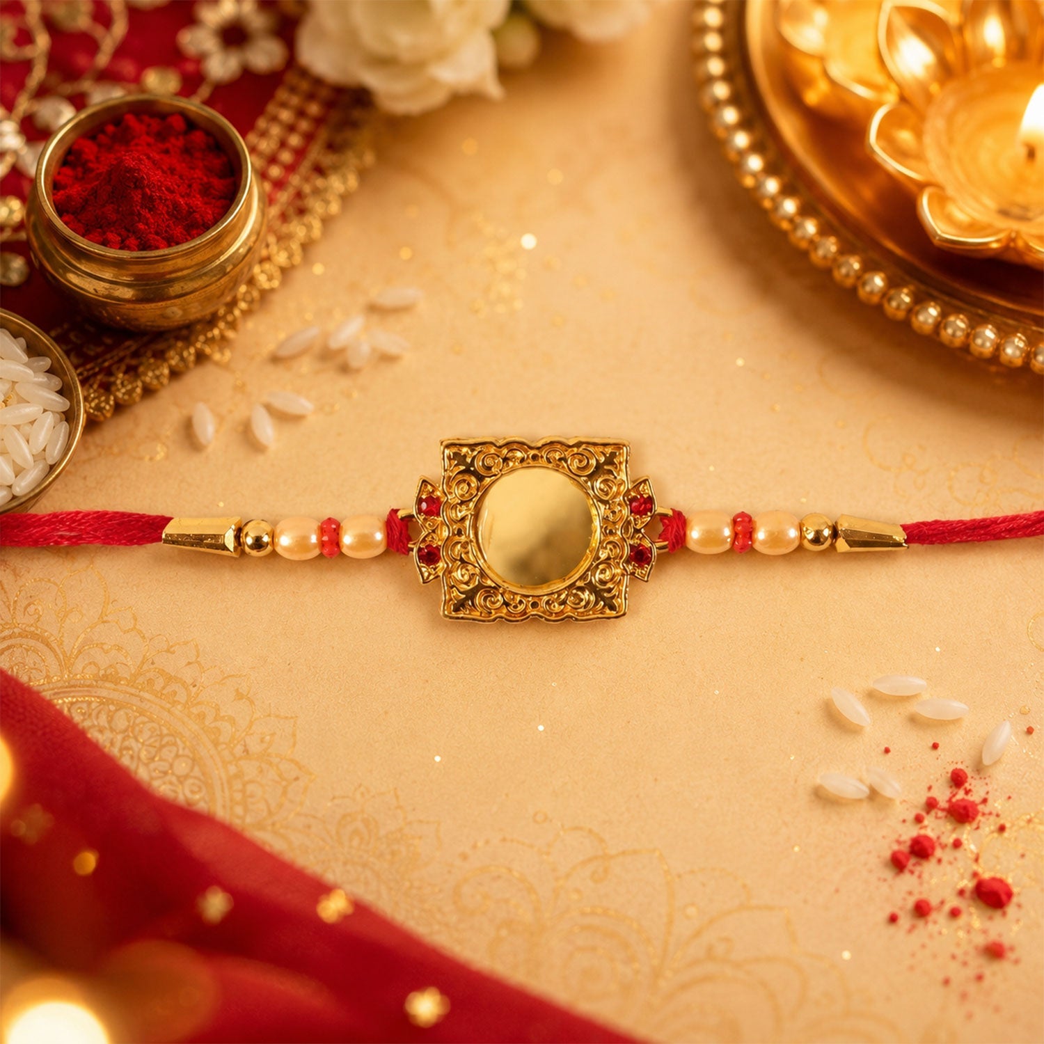 Golden Square Frame Rakhi with Pearls & Red Beads