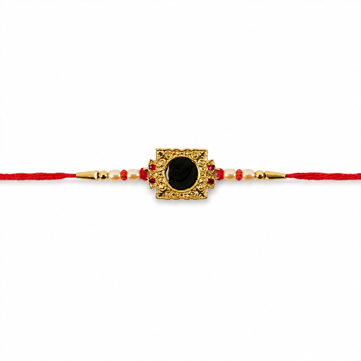 Golden Square Frame Rakhi with Pearls & Red Beads