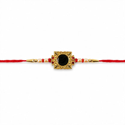Golden Square Frame Rakhi with Pearls & Red Beads