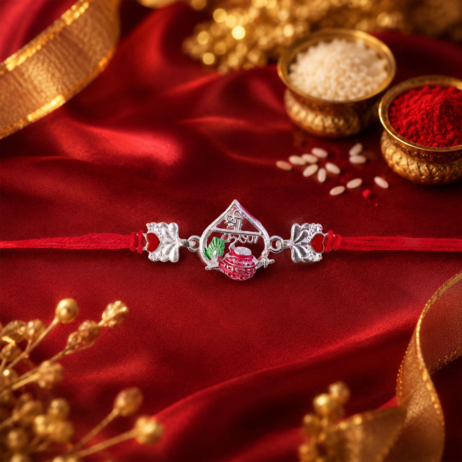 Silver Peacock Meenakari Rakhi with Red & Green Accents