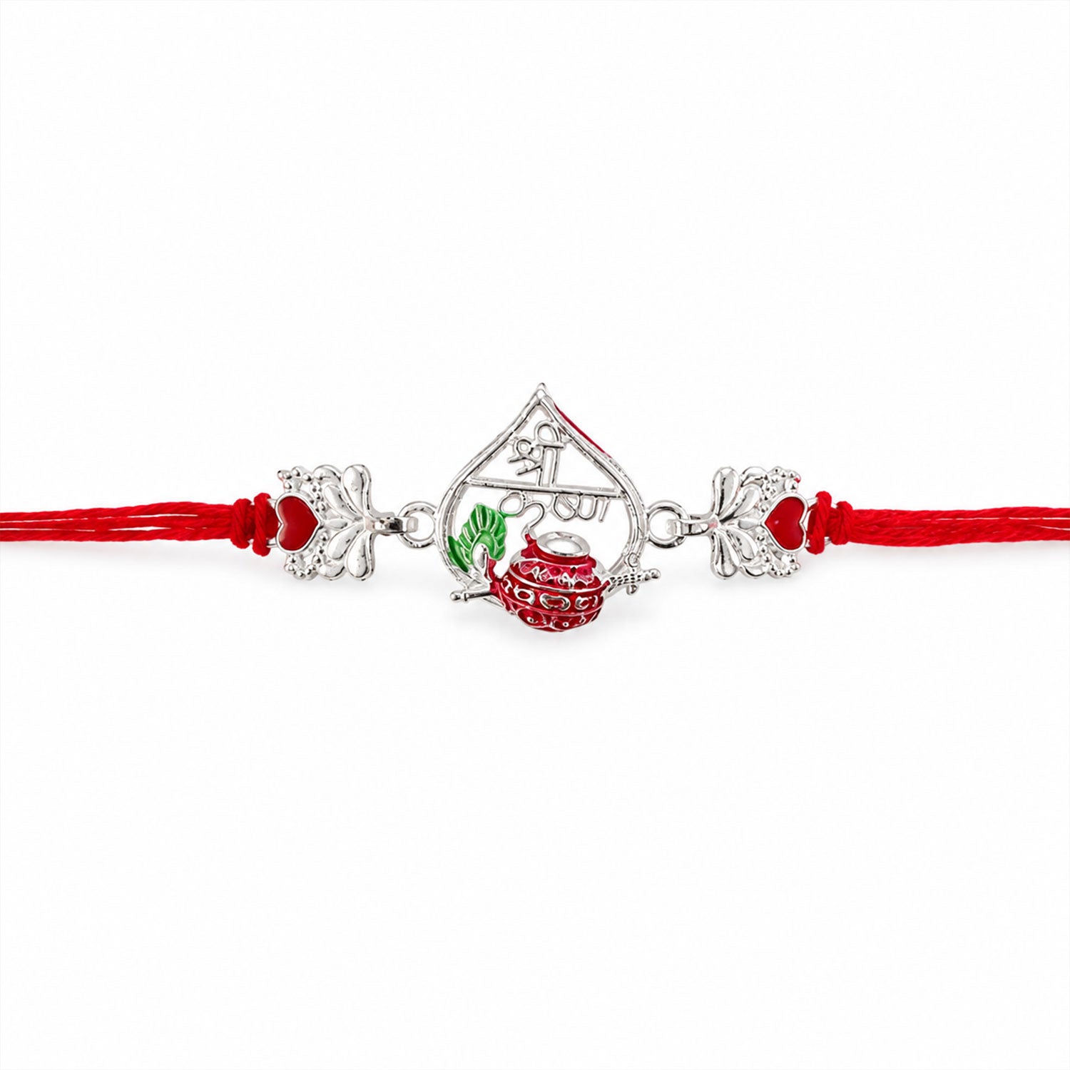 Silver Peacock Meenakari Rakhi with Red & Green Accents