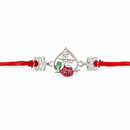 Silver Peacock Meenakari Rakhi with Red & Green Accents