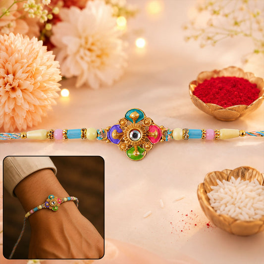 Colourful Meenakari Floral Rakhi with Pastel Beads for Brother